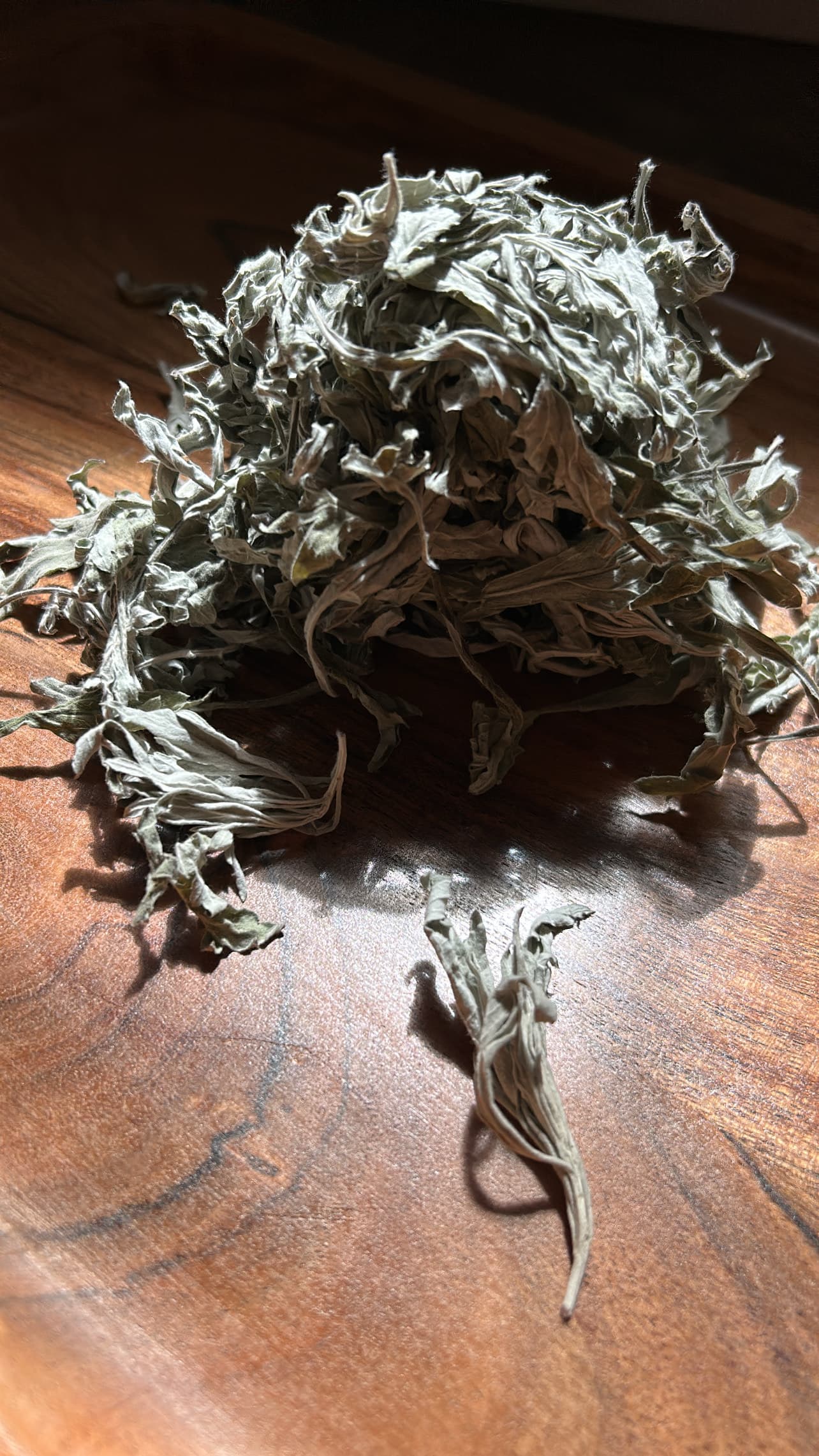 Dried botanical herbs on a warm wooden tray in soft natural light